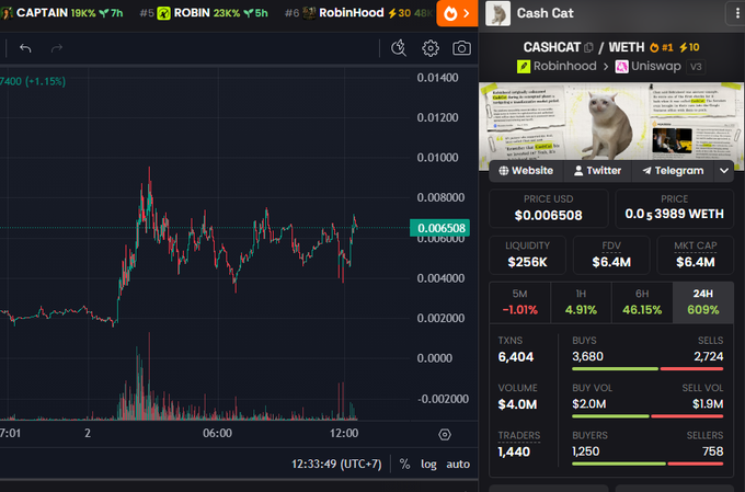 A DexScreener chart for CashCat (CASHCAT/WETH) on Uniswap, showing a price of $0.006508 with $6.4M FDV and market cap.
