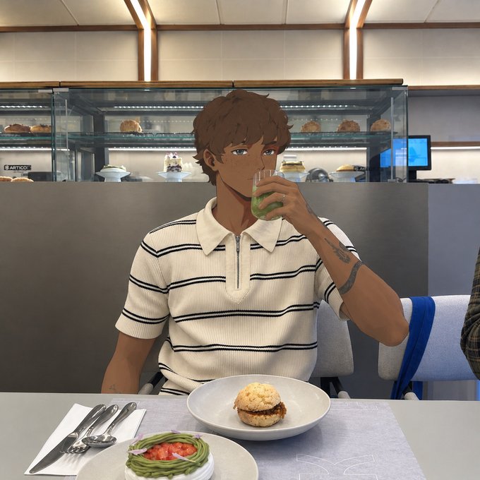 An anime-style illustration shows a brown-haired man in a striped polo shirt sipping a mint-green drink in a modern bakery or café, with a plated dessert featuring a red filling and green garnish in front of him. There is no visible text, numbers, or tickers in the image, and the scene's casual café setting only loosely parallels the post's tech-focused discussion of @quipnetwork and @sleepagotchi as it depicts someone enjoying a relaxed evening meal.