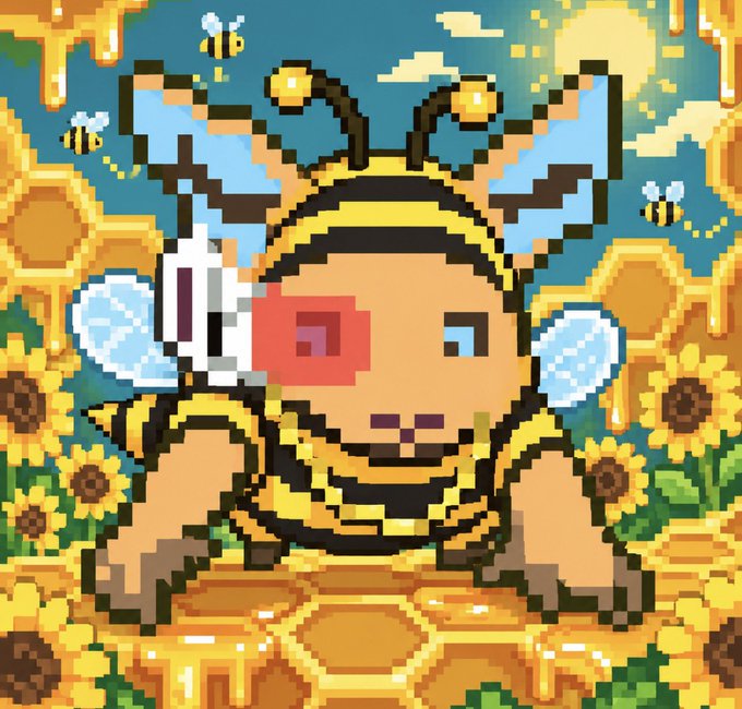 Pixel art featuring a bear character dressed as a bee, wearing sunglasses and a gold chain, surrounded by sunflowers and honeycomb.