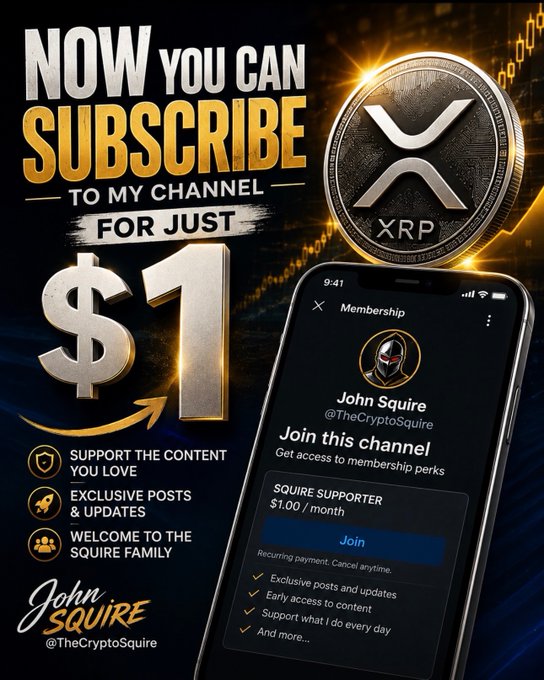 An advertisement for a $1 subscription to 'John Squire (@TheCryptoSquire)' channel on 'Etoro', featuring an XRP coin, with perks listed as 'Exclusive posts & updates', 'Early access to content', and 'Support what I do every day'.