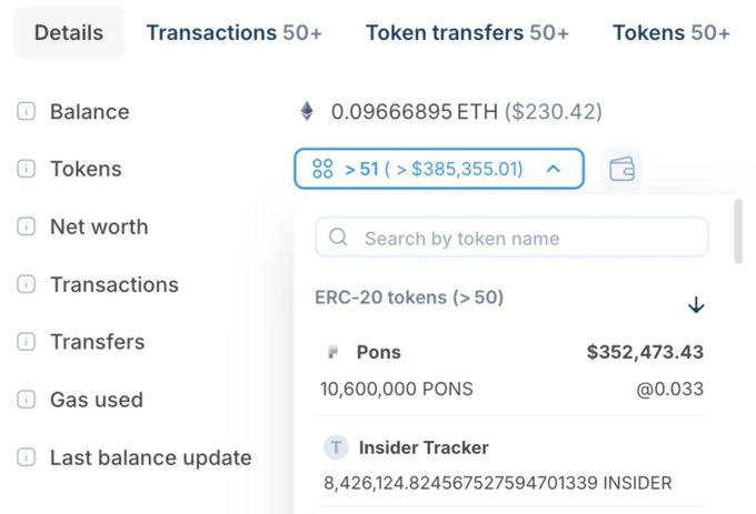 A cryptocurrency wallet dashboard showing holdings of over 51 tokens valued at more than $385,355.01, including a massive balance of 10,600,000 PONS tokens ($352,473.43) and 8,426,124.82 INSIDER tokens, supporting the post's claim that a top PONS holder is accumulating Insider Crypto Tracker's token (CA: 0xfc861e02605addab95d8e6b8e662100e987cb9aa) on Robinhood Chain.