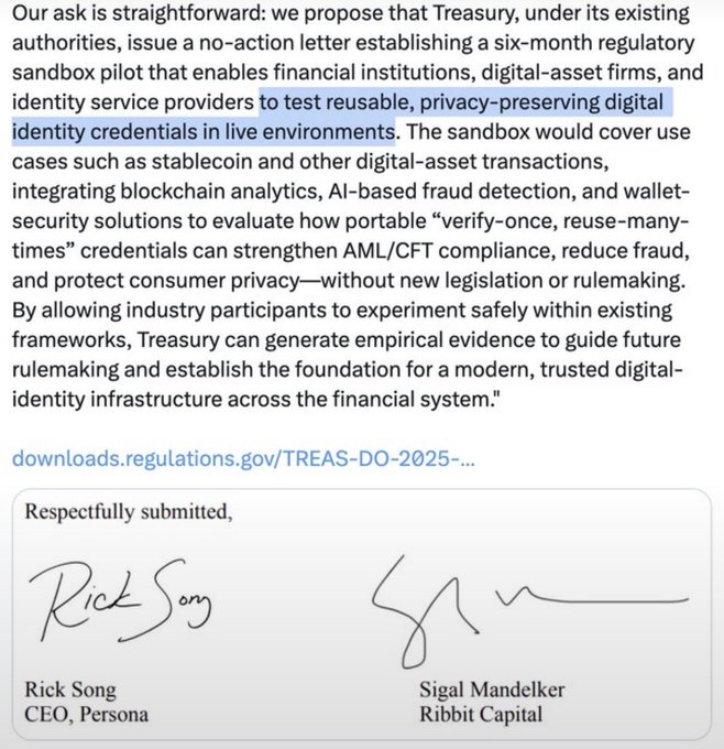 The image shows an excerpt from a regulatory petition proposing a six-month Treasury sandbox pilot for testing reusable, privacy-preserving digital identity credentials in live financial environments. It is signed by Rick Song (CEO, Persona) and Sigal Mandelker (Ribbit Capital), supporting the accompanying post about Ribbit Capital's petition to the US government allowing experimentation with identity-linked tokens.