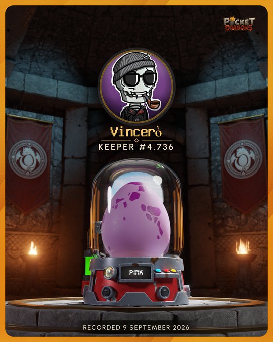 A promotional graphic for the game 'Pocket Dragons' showing a 'Keeper' profile card for 'Vincero' (#4736) with a skeleton avatar wearing sunglasses, displayed above a pink egg labeled 'PINK' in an incubator, with text 'RECORDED 9 SEPTEMBER 2026' at the bottom.