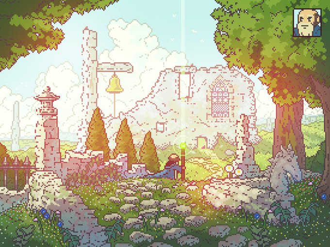 A pixel art scene showing ancient stone ruins in a grassy landscape with trees and flowers, with a small character portrait in the top right corner.