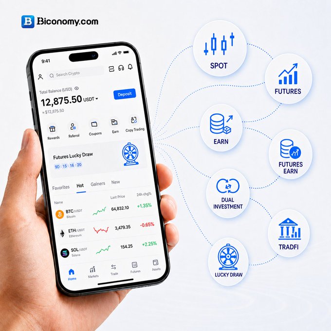 A promotional image for Biconomy.com shows a hand holding a smartphone displaying a crypto trading app with a $12,875.50 USDT total balance and BTC/USDT and ETH/USDT markets, surrounded by feature icons for Spot, Futures, Earn, and more.