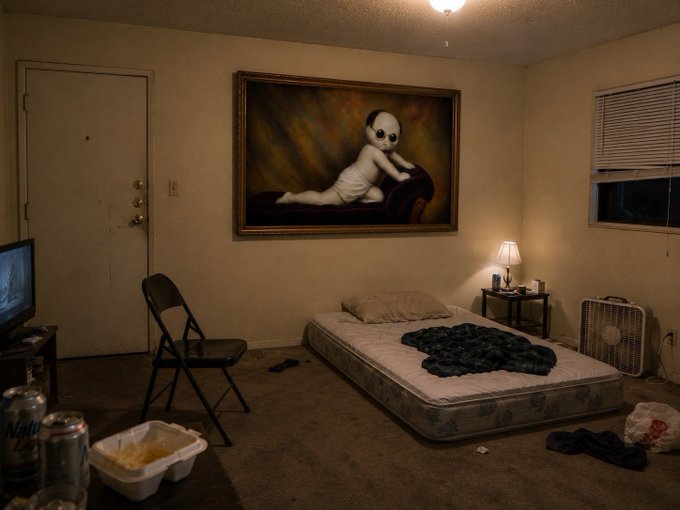A dimly lit, messy bedroom featuring a mattress on the floor with dark clothing, a folding chair, a TV, empty soda cans, a styrofoam container with leftover food, and a large framed painting of a reclining figure wearing a mask on the wall.