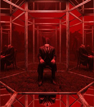 An artistic photo depicts a man in a dark suit sitting on a chair within a red-tinted mirrored structure, with multiple reflections of himself visible in the glass.