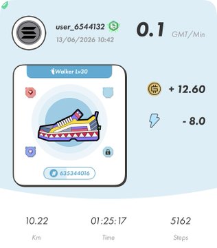 The image shows a fitness tracking app with a blue background, displaying information about a user's progress during their walk. The app provides details such as the number of steps taken, distance traveled, and calories burned. It also features an illustration of a colorful shoe on the screen, which could be related to the user's activity or exercise routine.