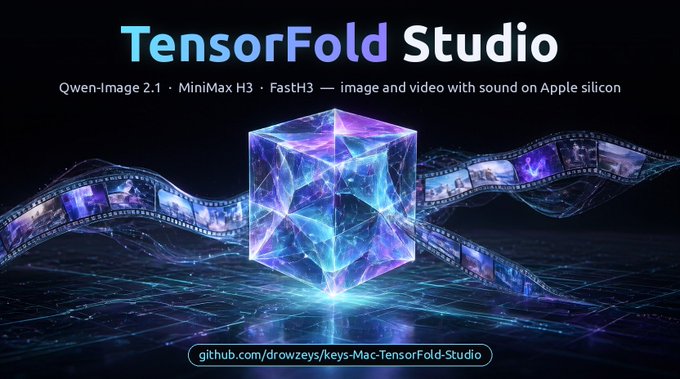 A promotional banner for "TensorFold Studio" displays a glowing, holographic blue and purple cube surrounded by flowing film strips, with text highlighting support for "Qwen-Image 2.1 · MiniMax H3 · FastH3 — image and video with sound on Apple silicon." At the bottom, a GitHub link (github.com/drowzeys/keys-Mac-TensorFold-Studio) is featured, corresponding to the post's announcement of the v1.9 first public release.