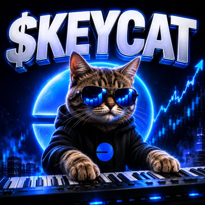 A digital artwork featuring a tabby cat wearing sunglasses and a black hoodie with a blue logo, sitting at a keyboard with the text '$KEYCAT' prominently displayed above and a rising chart graphic in the background.