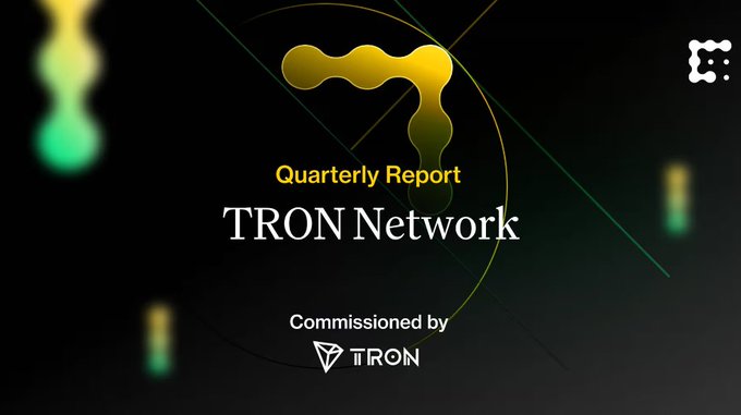 A sleek dark promotional slide displaying 'Quarterly Report' and 'TRON Network' in white and gold text, with 'Commissioned by TRON' at the bottom, accompanied by the yellow TRON logo.