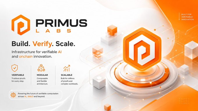 Promotional graphic for PRIMUS LABS with the tagline "Build. Verify. Scale." featuring a hexagonal orange logo and text describing verifiable AI and onchain infrastructure.