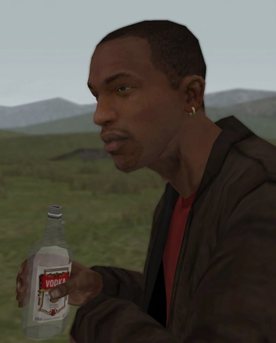 A 3D rendered image, likely from a video game, of a Black man holding a bottle of vodka, with a grassy landscape and mountains in the background.