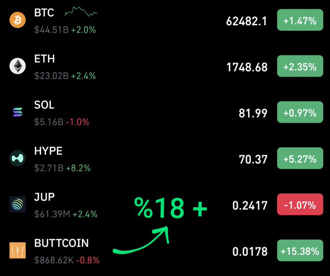 A cryptocurrency price tracker display on a black background shows BTC at $62,482.10 (+1.47%), ETH at $1,748.68 (+2.35%), SOL at $81.99 (+0.97%), HYPE at $70.37 (+5.27%), JUP at $0.2417 (-1.07%), and BUTTCOIN at $0.0178 (+15.38%), with an arrow and '%18 +' pointing to BUTTCOIN.