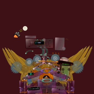 A stylized digital illustration depicts a chaotic, mechanical winged contraption featuring robotic elements, gears, and a lamp set against a dark red background.