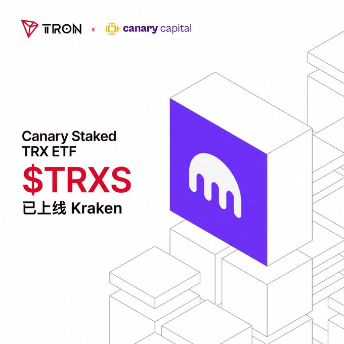 A promotional graphic announces that the Canary Staked TRX ETF ($TRXS), a partnership between TRON and Canary Capital, has launched on Kraken, featuring the TRXS ticker prominently alongside the Chinese text "已上线 Kraken" (meaning "now live on Kraken"). The design uses a purple isometric cube with the TRON logo to visually reinforce the partnership and listing milestone.
