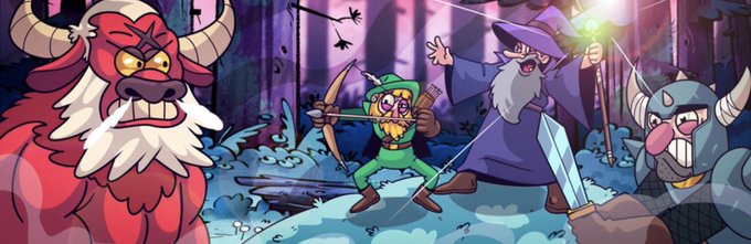 A cartoon forest battle scene features a bearded wizard casting a glowing green spell alongside an archer and armored creatures, evoking a fantasy RPG adventure. This imagery aligns with $RPG's concept of building an actual playable RPG experience rather than focusing solely on token narratives.