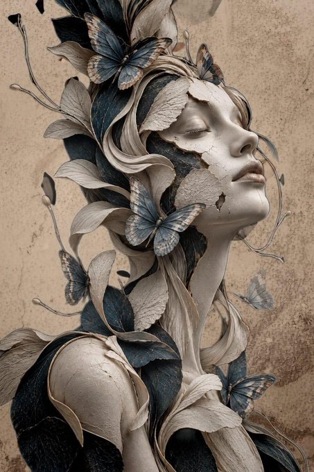 A monochromatic sculptural artwork depicts a serene woman surrounded by leaves and blue butterflies, set against a textured tan background.