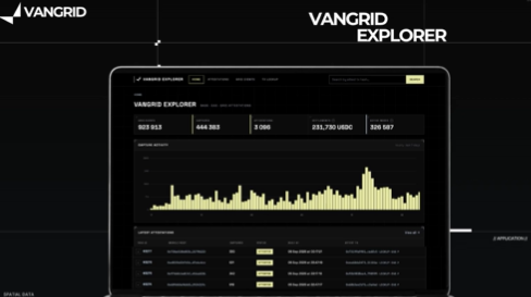 A VANGRID EXPLORER dashboard is displayed on a laptop screen, showing numerical data including 923,812, 444,361, 2,096, 231,720 USDC, and 535,587, alongside a yellow bar graph and a spark distribution table.