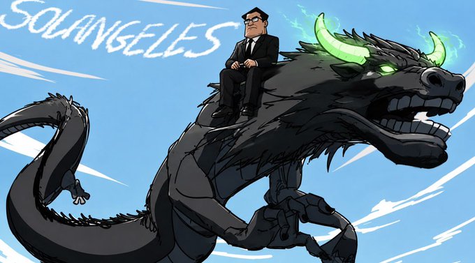 A cartoon illustration of a man in a suit riding on the back of a black dragon with glowing green horns, with the text 'SOULANGELES' in the corner.