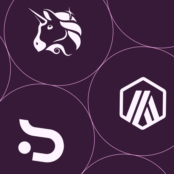 The image features the white logos of Uniswap (bottom left), a unicorn head (top left), and Arbitrum (right) set against a dark purple background with thin pink circular lines, visually representing the partnership between Stove Finance, Uniswap, and Arbitrum mentioned in the post.
