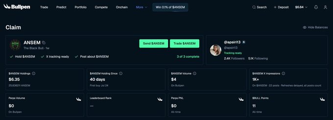 A Bullpen platform page showing a claim interface for '$ANSEM' token, displaying holdings of 25,030 $ANSEM ($6.35), 40-day holding since July 24, with buttons to 'Send $ANSEM' and 'Trade $ANSEM', and tracking user @rapintr3 with 2.4K followers.