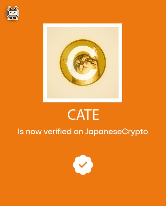 The image is an orange promotional graphic announcing that "$CATE" "Is now verified on JapaneseCrypto," featuring a photo of a cat inside a golden circular emblem with a white "C" overlaid. It complements the post's announcement of the new $CATE/SOL listing on JapaneseCrypto, visually confirming the verification status with a checkmark badge.