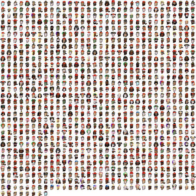 A dense grid of hundreds of small pixel art character sprites, featuring a wide variety of colorful figures, animals, and creatures.
