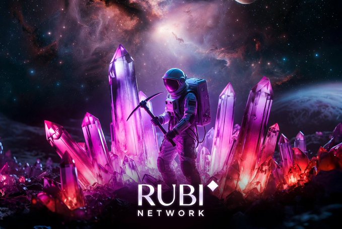 An astronaut miner stands amid glowing purple and pink crystal formations on a cosmic landscape, holding a pickaxe beneath a nebula-filled sky, with the "RUBI NETWORK" logo displayed prominently—visually reinforcing the post's theme of mining and investing in Rubi before the upcoming TGE.