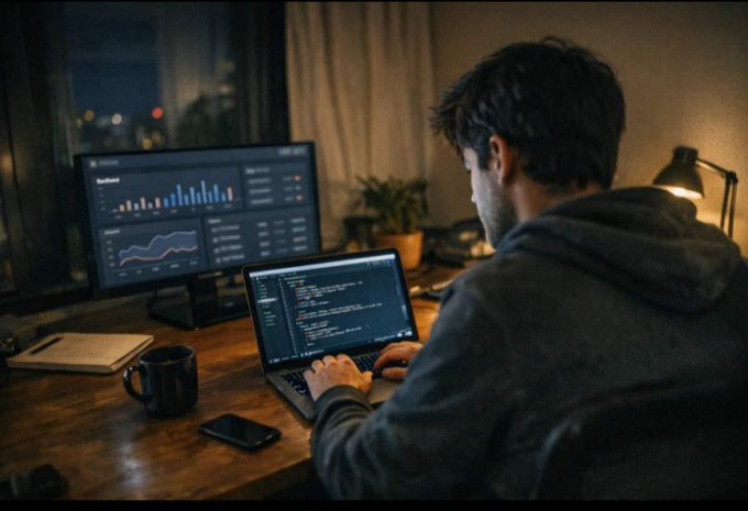 A man in a dark hoodie works on a laptop displaying code at a wooden desk, with a separate monitor showing data dashboards in a dimly lit room at night.