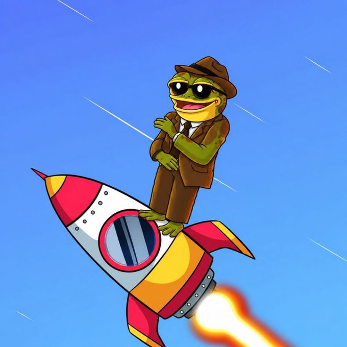 A cartoon Pepe the Frog dressed in a brown suit, fedora, and sunglasses riding a colorful rocket ship soaring through a blue sky with motion lines.