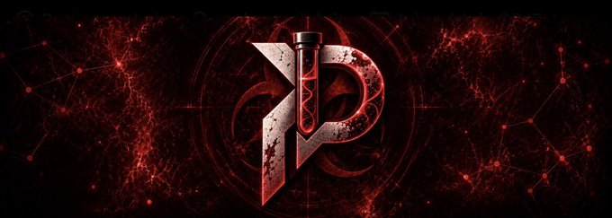 A dark red and black graphic features a stylized metallic 'P' logo with a vial design in the center, set against a web-like, blood-red background.