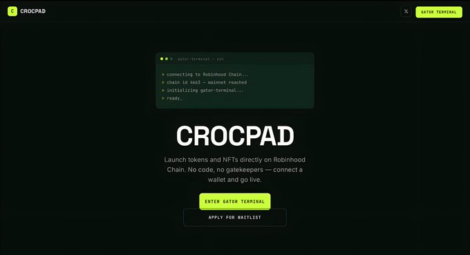 The image displays a dark-themed promotional page for Crocpad, featuring a terminal mockup with the messages "connecting to Robinhood Chain," "Chain ID 6969 — mainnet reached," "initializing gator-terminal," and "ready." The page's main text reads "CROCPAD — Launch tokens and NFTs directly on Robinhood Chain. No code, no gatekeepers — connect a wallet and go live," with green buttons labeled "ENTER GATOR TERMINAL" and "APPLY FOR WAITLIST," visually reinforcing the tweet's announcement of Crocpad as a no-code launch hub for NFTs and tokens on Robinhood Crypto.