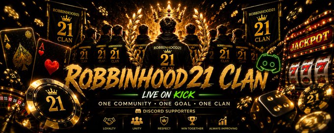The image is a promotional banner for "ROBBINHOOD21 CLAN," styled with a luxurious gold and black theme featuring playing cards, slot machines, and a "JACKPOT" sign. The text reads "ROBBINHOOD21 CLAN," "LIVE ON KICK," and "ONE COMMUNITY • ONE GOAL • ONE CLAN," aligning with the post's request to use this corrected banner for the 1 SOL giveaway.