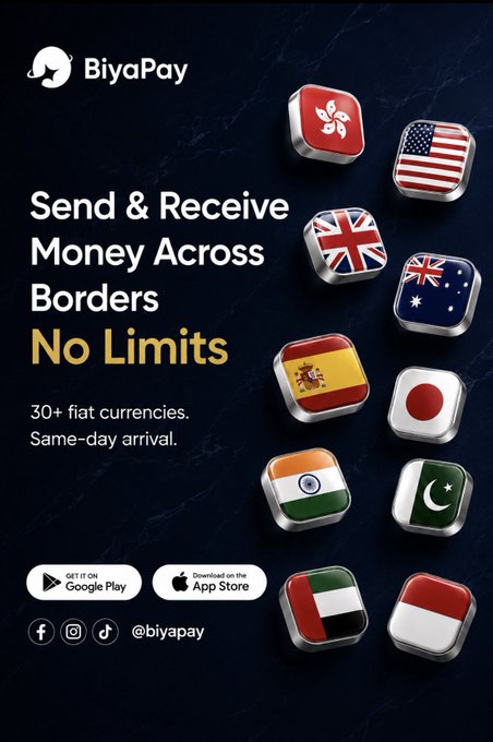 A promotional advertisement for BiyaPay reading 'Send & Receive Money Across Borders No Limits, 30+ fiat currencies. Same-day arrival,' featuring various country flags displayed on 3D cubes.