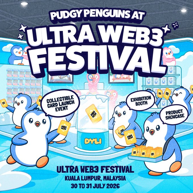 Promotional graphic for 'Pudgy Penguins at Ultra Web3 Festival' taking place in Kuala Lumpur, Malaysia on 30-31 July 2026, featuring cartoon penguins at a booth with a 'Collectible Card Launch Event,' 'Exhibition Booth,' and 'Product Showcase' marked.