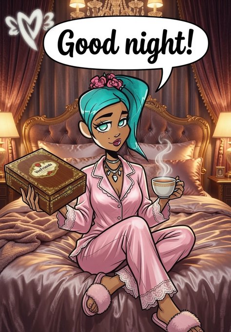 A cartoon illustration of a woman with teal hair wearing pink pajamas and slippers, sitting on a bed in a luxurious room, holding a box and a steaming cup, with a speech bubble saying 'Good night!' accompanied by three heart symbols.
