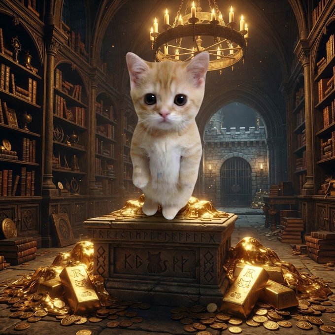 A fantasy-style digital artwork featuring a cute orange and white kitten sitting on a stone pedestal surrounded by gold coins and gold bars, set in a library-like room with a chandelier.
