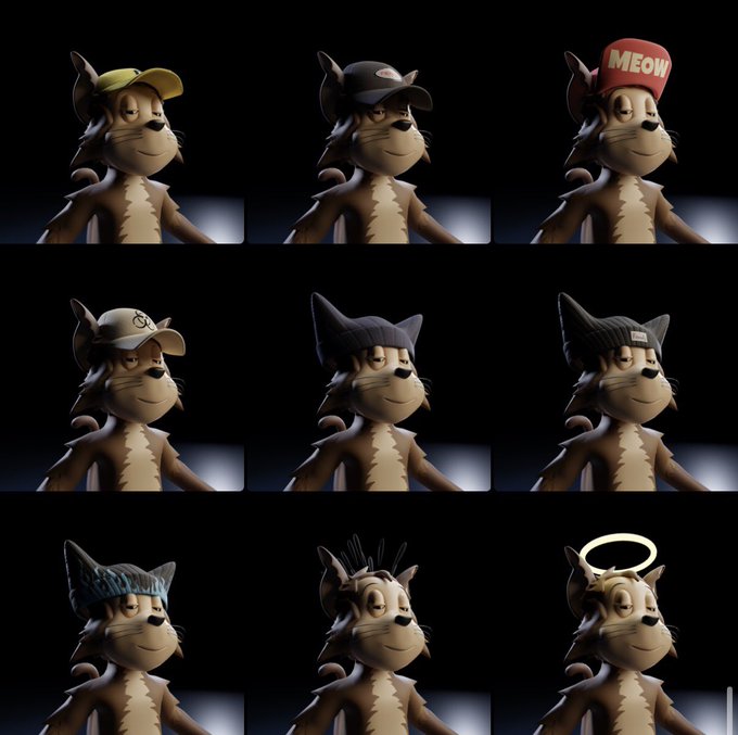 The image shows a 3x3 grid of the same cartoon cat character wearing nine different head accessories, including a yellow cap, black cap, red "MEOW" cap, beige cap, blue beanie, black beanie with tag, blue knit hat, spiky hair, and a glowing halo. This visual aligns with the post celebrating 9 new headwear traits being added to OthersideMeta avatars, with the "MEOW" text visible on one of the caps representing a playful branded accessory.