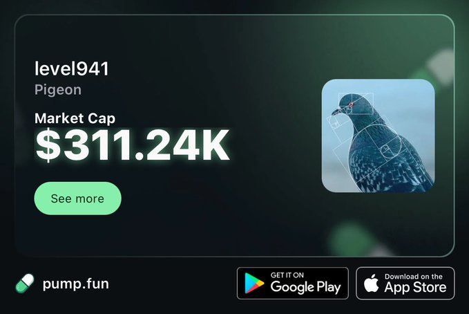 A pump.fun token page displays 'level941 Pigeon' with a market cap of $311.24K, featuring an image of a pigeon with tracking markers and download links for Google Play and App Store.