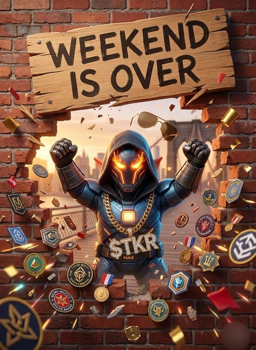 urn of gold coins, a brick wall with a "Weekend is over" sign, and a robot figure holding a shield against the sun.