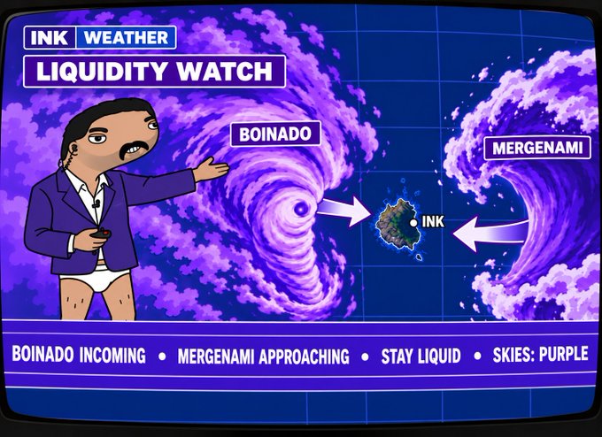 A retro weather-channel-style graphic titled 'INK WEATHER: LIQUIDITY WATCH' showing a cartoon character pointing at swirling storms labeled 'BOINADO' and 'MERGENAMI' converging on an 'INK' island, with the ticker 'BOINADO INCOMING • MERGENAMI APPROACHING • STAY LIQUID • SKIES: PURPLE'.