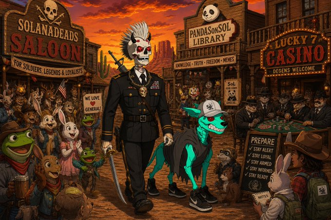 The image features a man dressed as a skeleton walking with his dog through a town scene at night. The town has various buildings, including a casino and a saloon. There are also several people present in the scene, some of whom appear to be wearing cowboy hats or other western-style clothing. A sign reading "SOLANADEADS" is visible among the crowd.