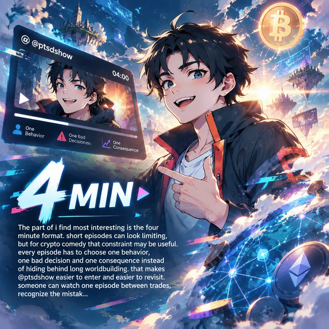 Anime-style promotional artwork for @ptsdshow's 4-minute crypto comedy episodes featuring a character pointing at a video interface, with Bitcoin and Ethereum coins visible.