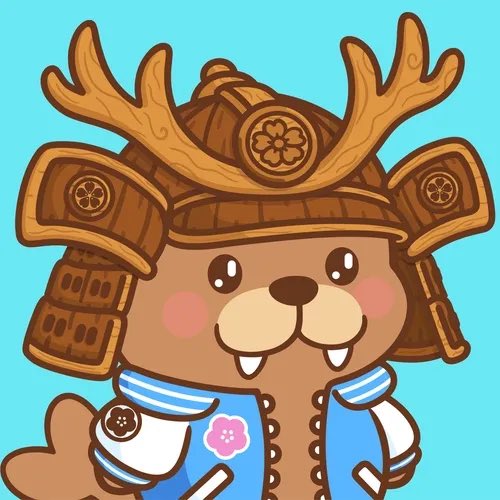 A cute cartoon illustration shows a brown bear character wearing traditional Japanese samurai armor, complete with a horned helmet and a blue kimono.