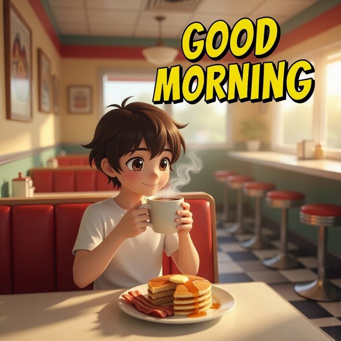 Cute anime-style 'GOOD MORNING' illustration of a smiling boy holding a steaming coffee mug in a 1950s-style diner with pancakes and bacon on the table.