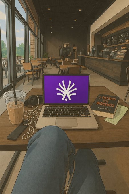 A first-person anime-style illustration of someone sitting at a coffee shop table with a laptop showing a purple screen, an iced coffee, headphones, and a book titled 'O SILENCIO DOS INOCENTES'.