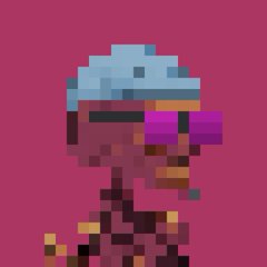A pixel art character wearing a light blue cap and dark sunglasses against a hot pink background.