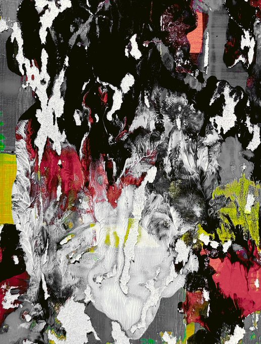 An abstract painting featuring chaotic, textured brushstrokes in black, white, gray, red, and yellow, with various splatters and layered patterns.