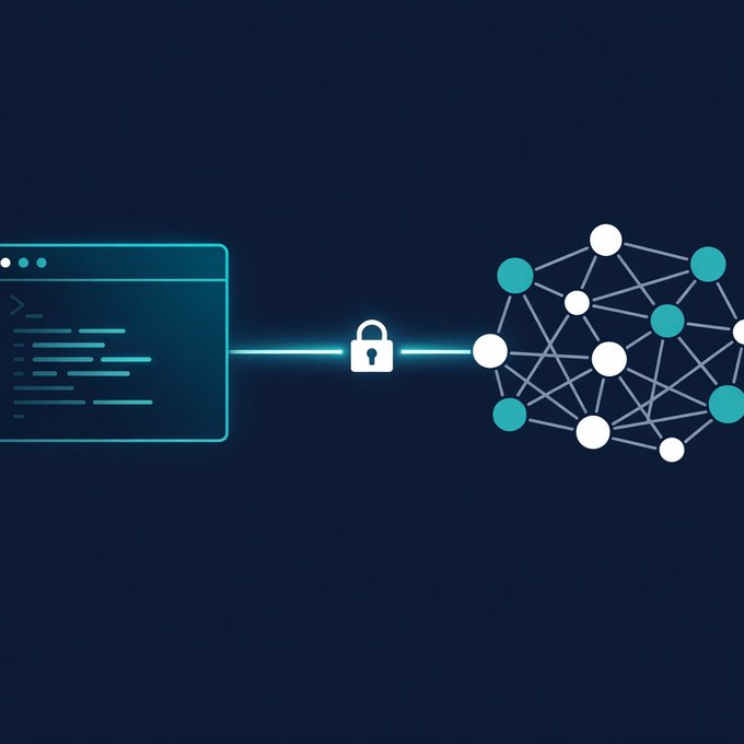 A dark blue graphic showing a teal code window on the left connected by a glowing line with a padlock icon to a network of teal and white nodes on the right.